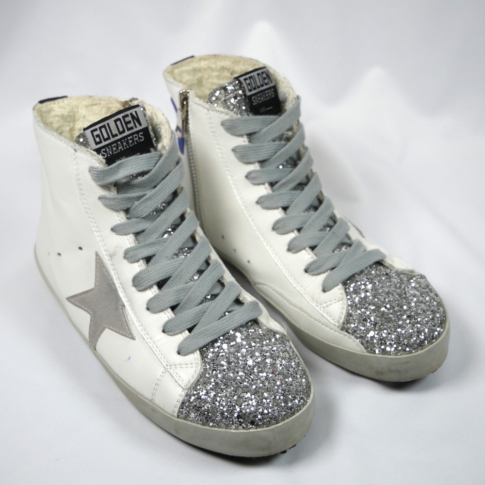 Golden Goose Francy Hightop Sneakers White Leather Silver Glitter Star Zip Women - Picture 2 of 12